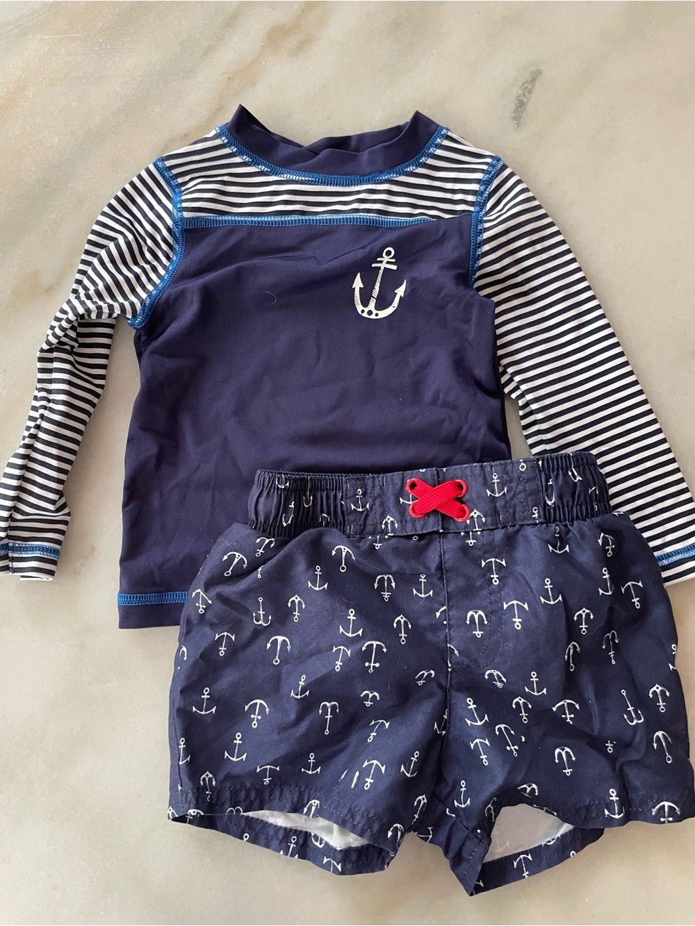 Cat & Jack Navy and White Striped Rash Guard with Anchor Swim Shorts